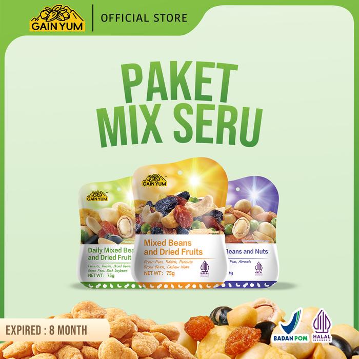 

terbaru !!! [ mix seru ] gainyum - bundling mix seru (1x mixed beans and nuts 75g, 1x daily mixed