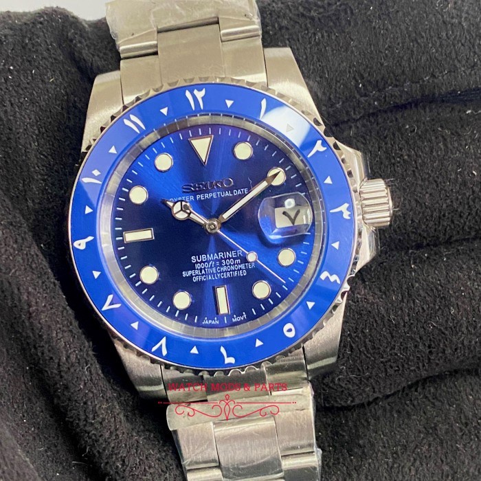 WMNP Seiko NH35 Custom Build Submariner Blue Smurf Arabic Date Bezel Modif