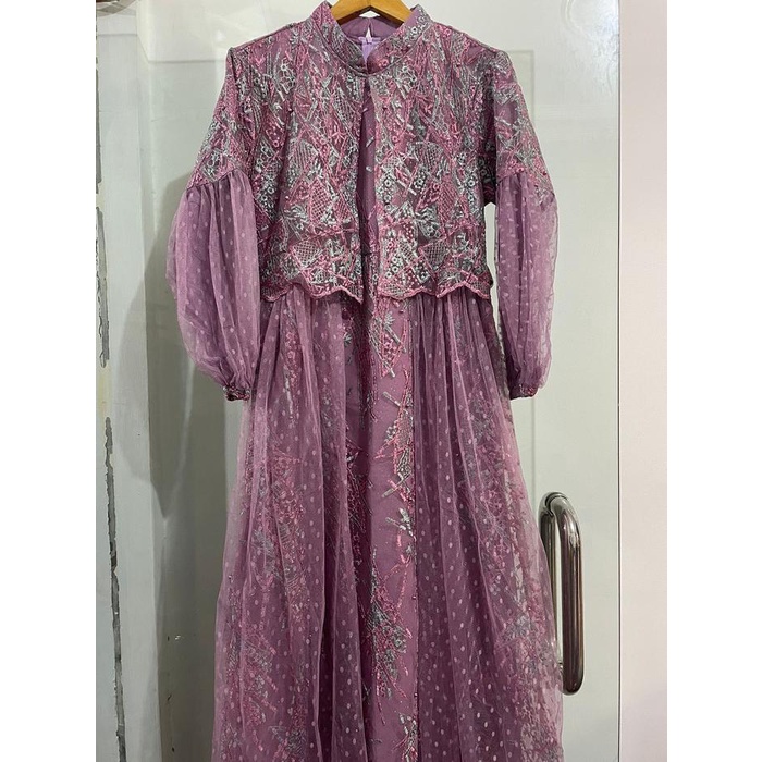 Meera - Natassia Dress Brokat Kondangan 2024/ Semi Rompi Bahan Brokat Mix Tile Dot Mewah Muslim