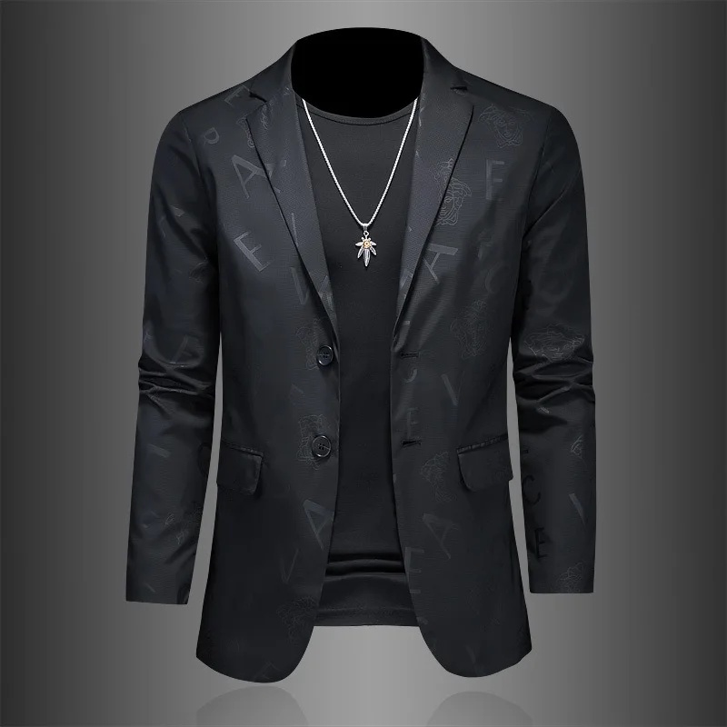 Men'S Spring 2024 Casual Fashion Dark Flower Trendy Western-Style Jacket Suit Coat Wardrobe Staple