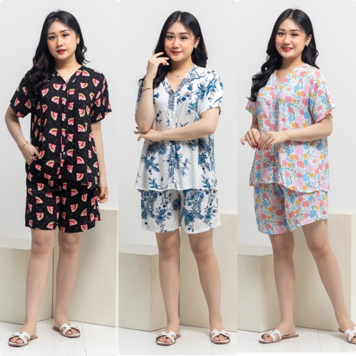 Piyama Baju Tidur Wanita Setelan Kaos Celana Pendek Rayon Busui Jumbo