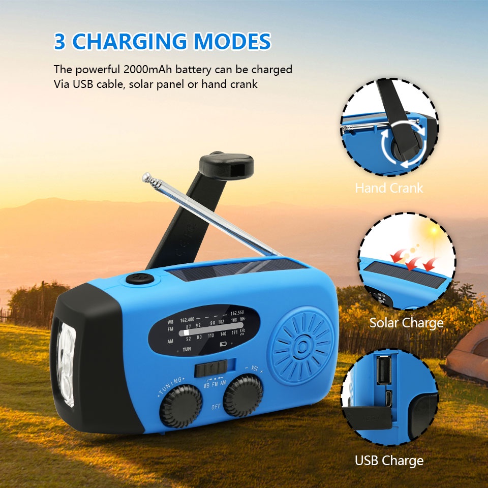 Emergency Am/Fm Radio With 3 Led Flashlight Portable Weather Radio With Phone Charger Solar Powered