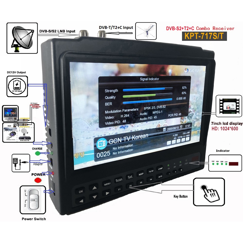 Kpt-717St Dvb-S2 Dvb-T2 Satellite Finder Meter Satellite Tv Receiver Mpeg-4 Modulator Dvb-S/S2 Mp4