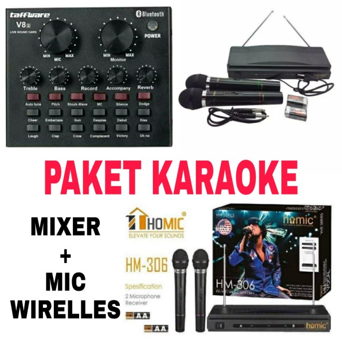 PREMIUM Mixer Amplifier Mini Paket Mic Wireless Karaoke Tafstudio v8+