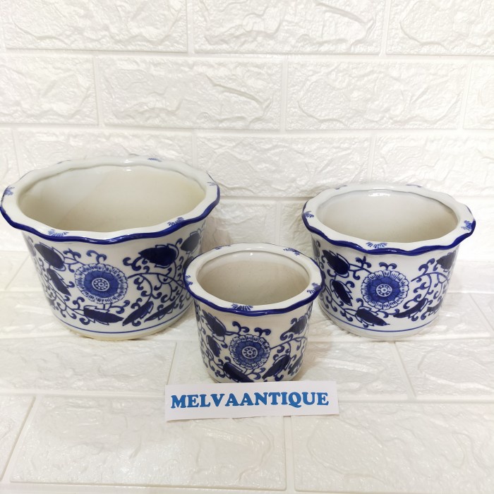 Pot Tanam Keramik set 3 pcs motif Bulat + pot tanam keramik