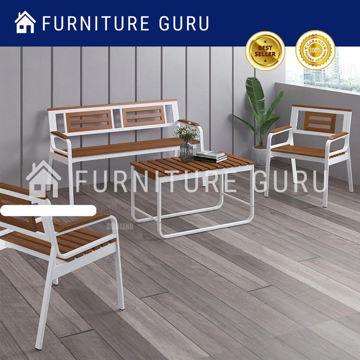 Terbaru Best Kursi Taman Minimalis Kursi Teras Full Besi Putih + Kayu Solid