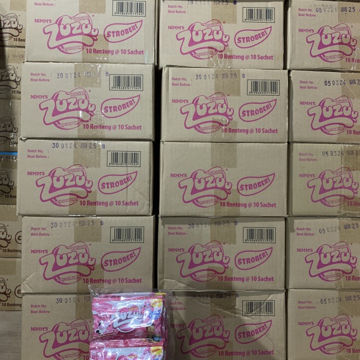 Permen Susu Strawberry Nano Nano Zuzu Kemasan 1 Kardus isi 100 Bungkus