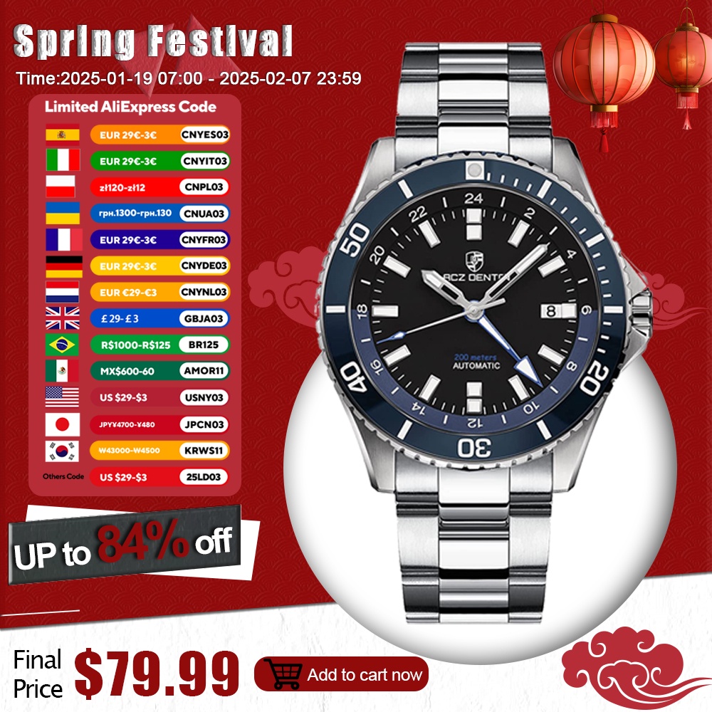 Lacz Denton 40Mm Gmt Automatic Mens Watch Mechanical Wristwatch Waterproof 316L Stainless Steel