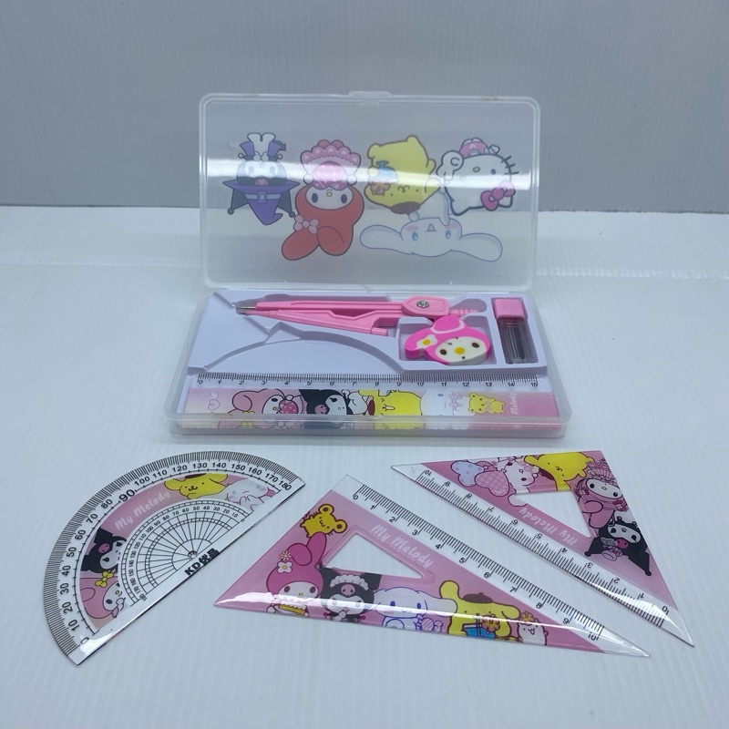 Jangka Penggaris Busur Sekolah / Paket Math Set 7 in 1 / Busur Penggaris Sanrio / Jangka Busur