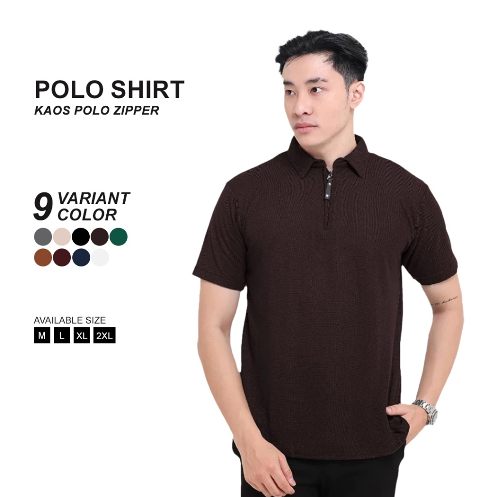 PROMO / BROGUY Kaos Polo Shirt Pria Kerah Lengan Pendek Zipper - Dark Brown