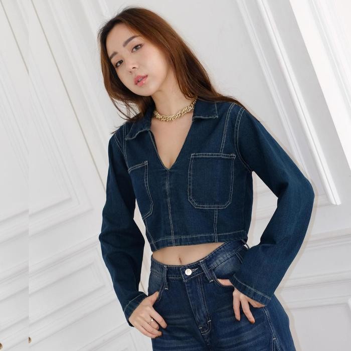 LADOUCE - Maeson Crop Denim Top Atasan Jeans Wanita