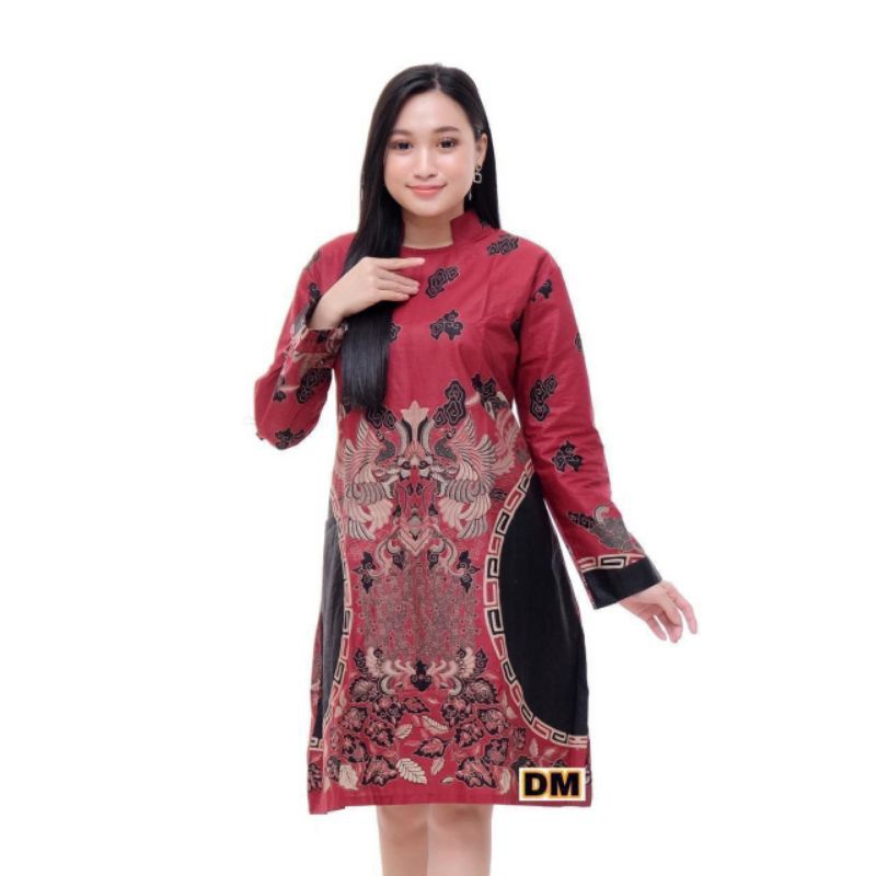 NEW TUNIK BATIK MURAH PEKALONGAN TUNIK BATIK MERAH MARUN ATASAN BAJU BATIK WANITA LENGAN PANJANG