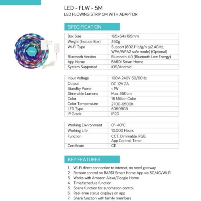 Bardi LED Flowing Strip 5M With Adaptor BARDI NEW