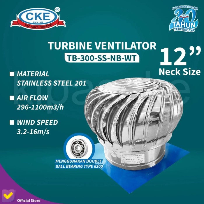 Turbin Ventilator CKE 12 Inch TB-300-SS-NB-WT Ventilasi Udara Atap