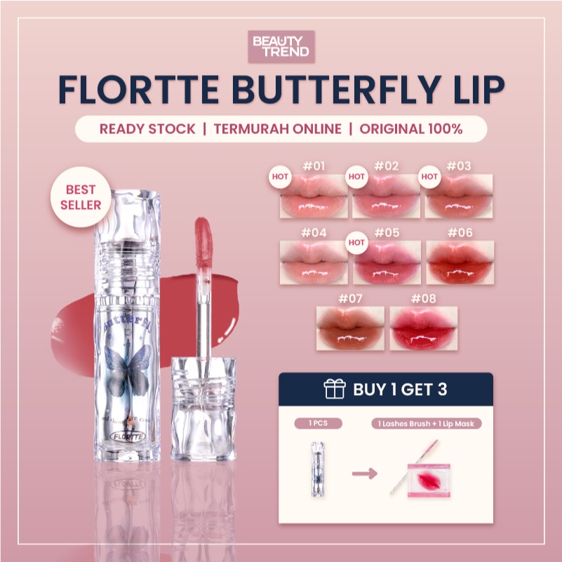 [READY ORI] Flortte Butterfly Lip Gloss Flortte Hello Beauty Lip Lacquer Lip Gloss Flortte Lip Oil
