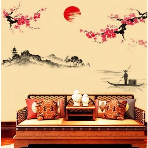 TERLENGKAP Wall sticker lukisan jepang hiasan dekorasi stiker dinding kamar hotel Putih