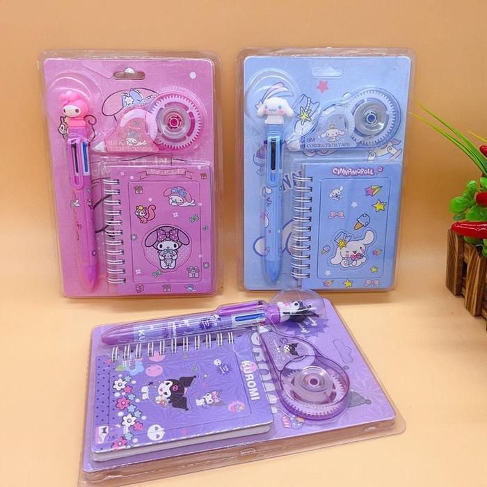 

Set Perlengkapan Alat Tulis Karakter Sanrio Pulpen + Correction Tape + Notebook Mini Kuromi