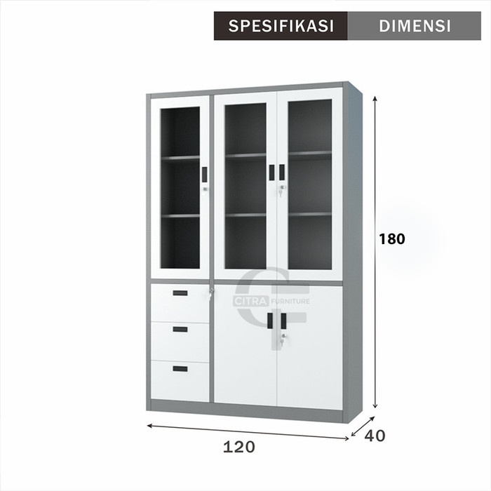 

pintar- SHUMO Lemari Arsip Besi 3 pintu kaca laci 3 Filling Cabinet Kantor