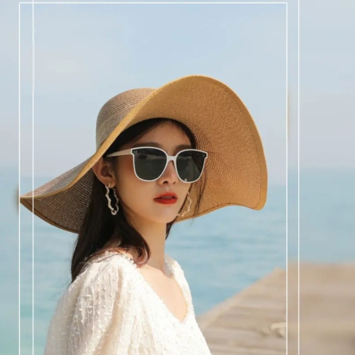 TOPI PANTAI JERAMI WANITA KOREA LEBAR PINGGIR/TALI PITA BELAKANG