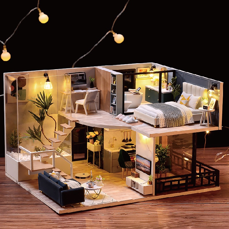 Wooden Miniature Doll House DIY Duplex Apartment Production 3D Puzzle Assembly Building Toy