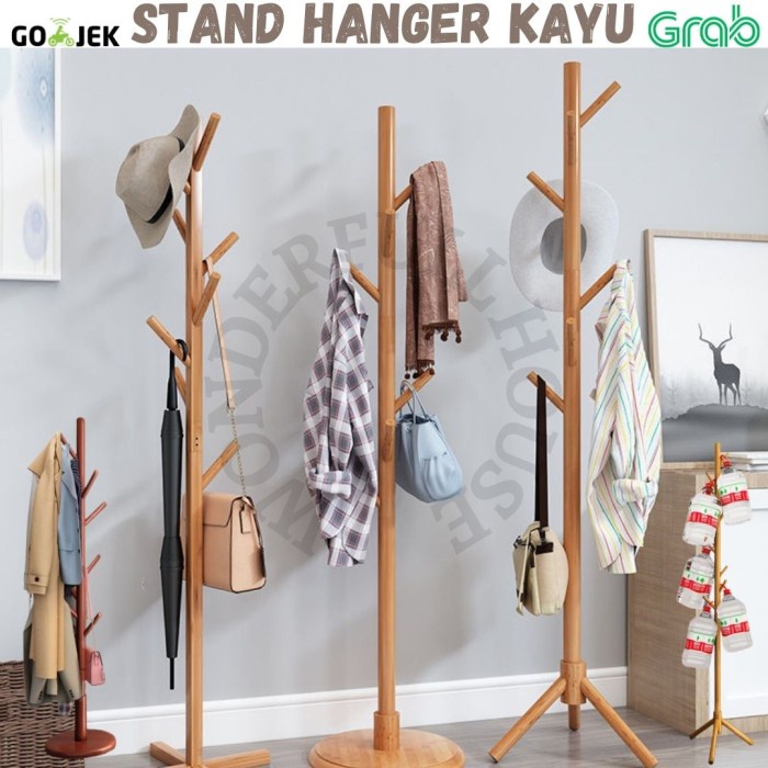 PREMIUM Standing Hanger Kayu Gantungan Baju Topi Tas Serbaguna Gantungan Kayu