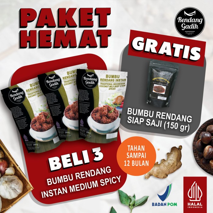 

PT752 PAKET 3 PCS BUMBU RENDANG INSTAN MEDIUM SPICY (pedas sedang) TERMURAH