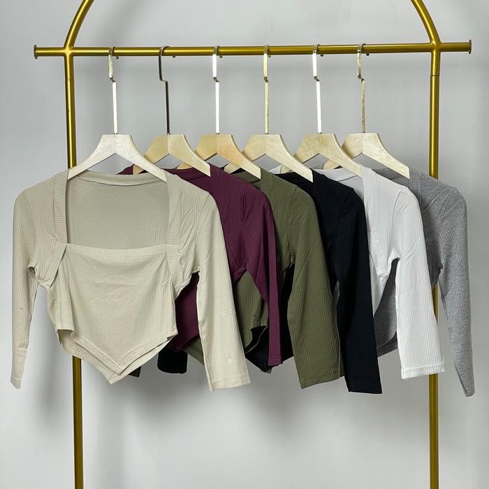 (TopSeries) Crop Top Square neck LongSleeve Knit / Atasan Lancip Lengan Panjang Rib / Atasan Wanita