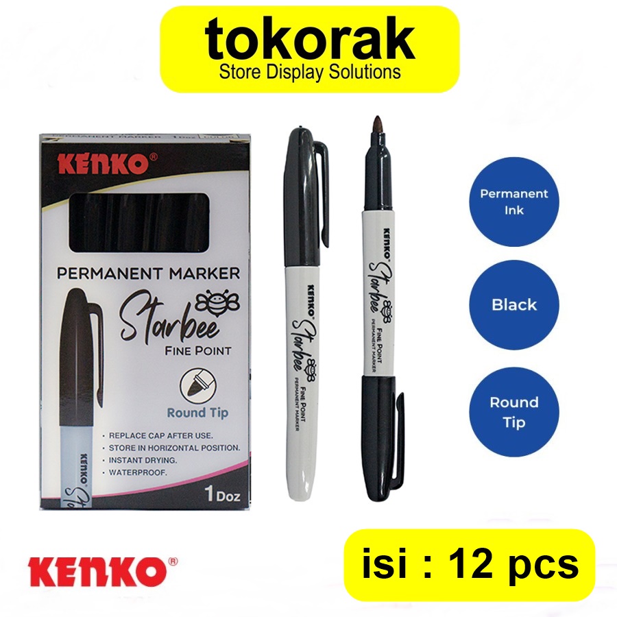 

Spidol Permanent Marker Starbee Kenko Permanen Hitam Isi 12 Pcs