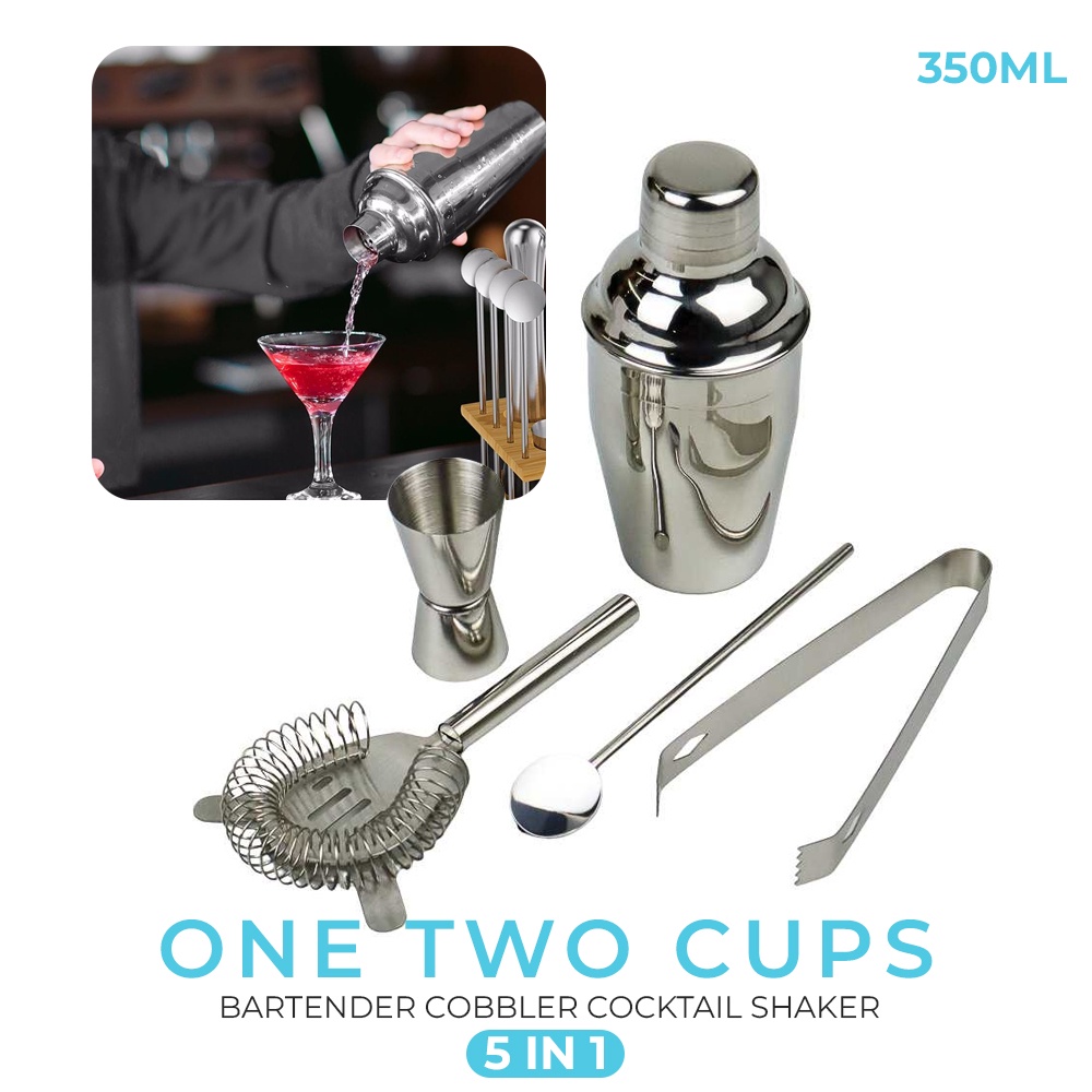 

One Two Cups 5 in 1 Bartender Cobbler Cocktail Shaker Jigger Set 350ml - AY8837