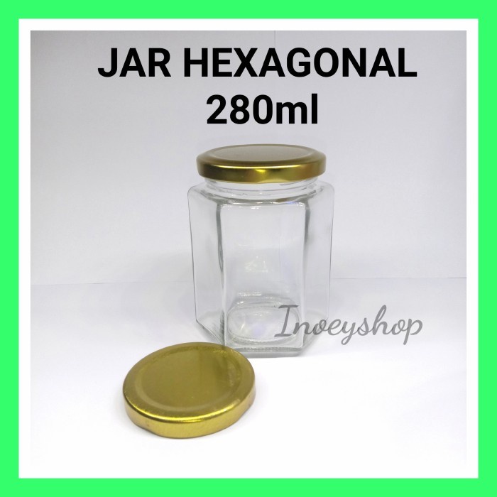 (Expert) JAR /BOTOL /TOPLES KACA HEXAGONAL 280ML TUTUP GOLD