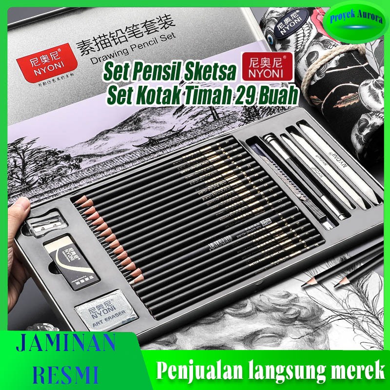 

Nyoni Sketch drawing pencil / pensil grafit charcoal arang 29 pcs set tin case