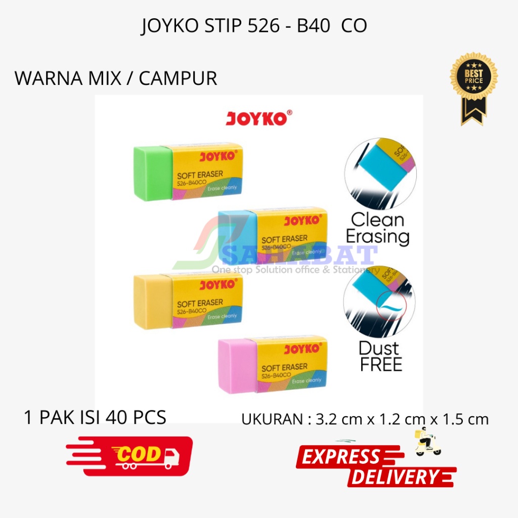 

PENGAPUS PENSIL / PENGAPUS WARNA HITAM / ERASER WARNA PUTIH / JOYKO STIP WARNA WARNI - SATU PAK ISI
