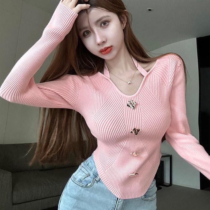 (Expert) AJW [RBG] Atasan Wanita Tali Leher Variasi Button Rajut Premium Baju Wanita Bodycon Tali