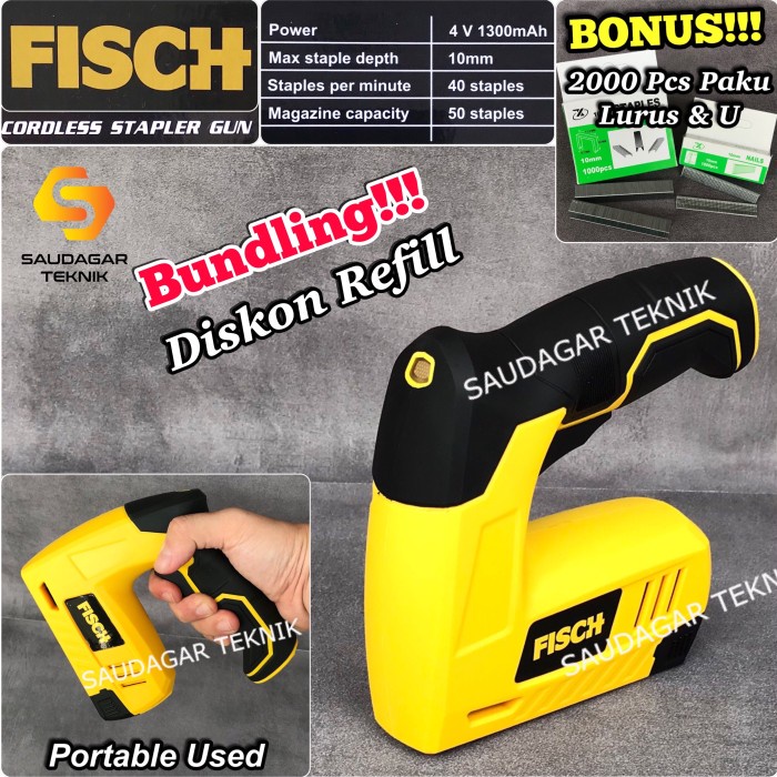 Mesin Paku Staples Tembak 2 In 1 Baterai Fisch Cordless Stapler Gun