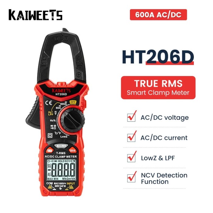 KAIWEETS HT206D AC DC Digital Clamp Meter Multimeter Pinza
