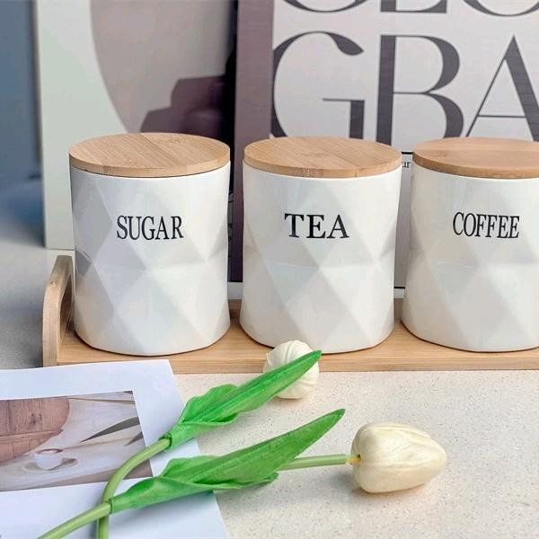 siapkirim- Set Toples Gula Kopi Teh keramik tatakan kayu estetik Set wadah teh kopi gula keramik