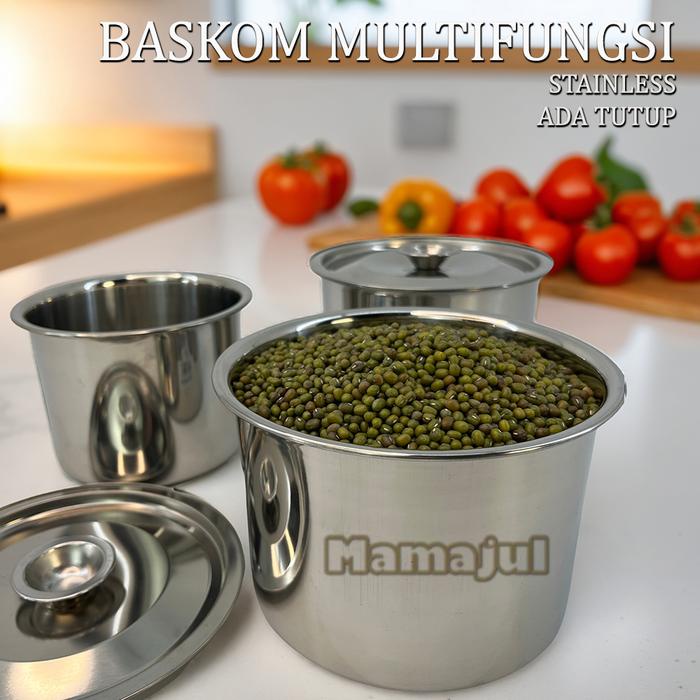 silahkan- [MAMAJUL] 14-16-18-20 cm Baskom Tebal Diameter Wadah Bumbu Stainless dengan tuutp dan
