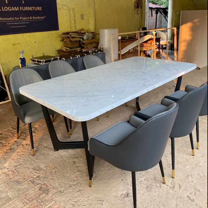 Set Meja Makan Minimalis Kaki Besi Top Marmer Asli - Dining Table DT70 - 160x80 4Kursi