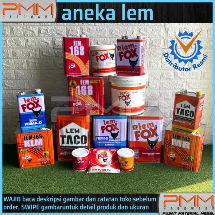 

ANEKA LEM KUNING / PUTIH TACO FOX 168 MR KLM BLEK GALON SERBAGUNA HPL SEPATU SANDAL KULIT SOL