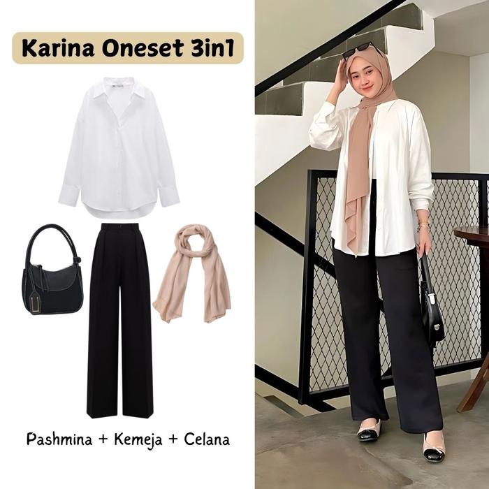 ONE SET 3IN1 BAJU ATASAN KEMEJA KERAH POLOS CELANA HITAM PANJANG PASHMINA CERUTY OOTD OUTFIT WANITA