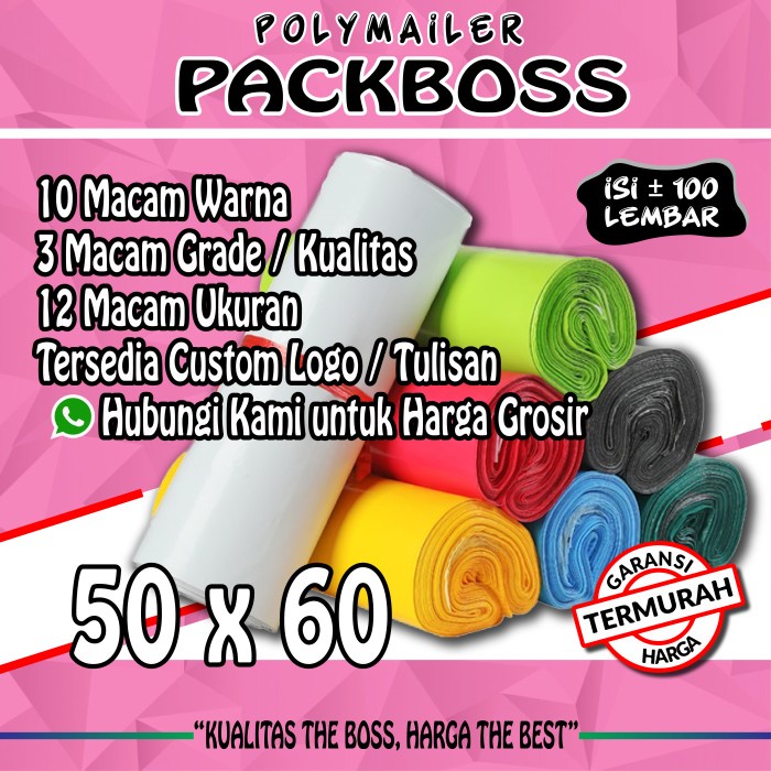 

New POLYMAILER PACKBOSS 50x60 ISI 100 LEMBAR *KUALITAS TEBAL 60mc, HARG