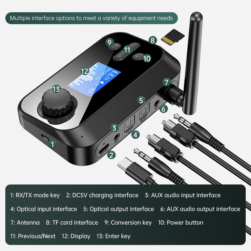 Bluetooth5.1 Transmitter Receiver With Lcd Display Adjustable Volume Optical In/Out Aux In/Out