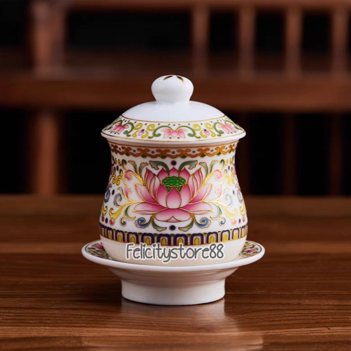 Cangkir Sembahyang keramik tutup/cangkir Keramik tutup putih teratai pink