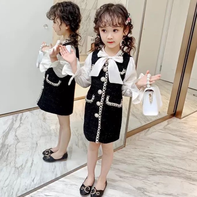 1-8Tahun Dress mini mewah korea baju pesta hitam putih anak perempuan premium