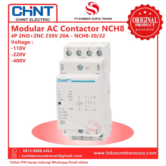 Paling Laris Modular Ac Contactor Nch8-20/22 4P 2No+2Nc 20A 110V 220V 400V Chint