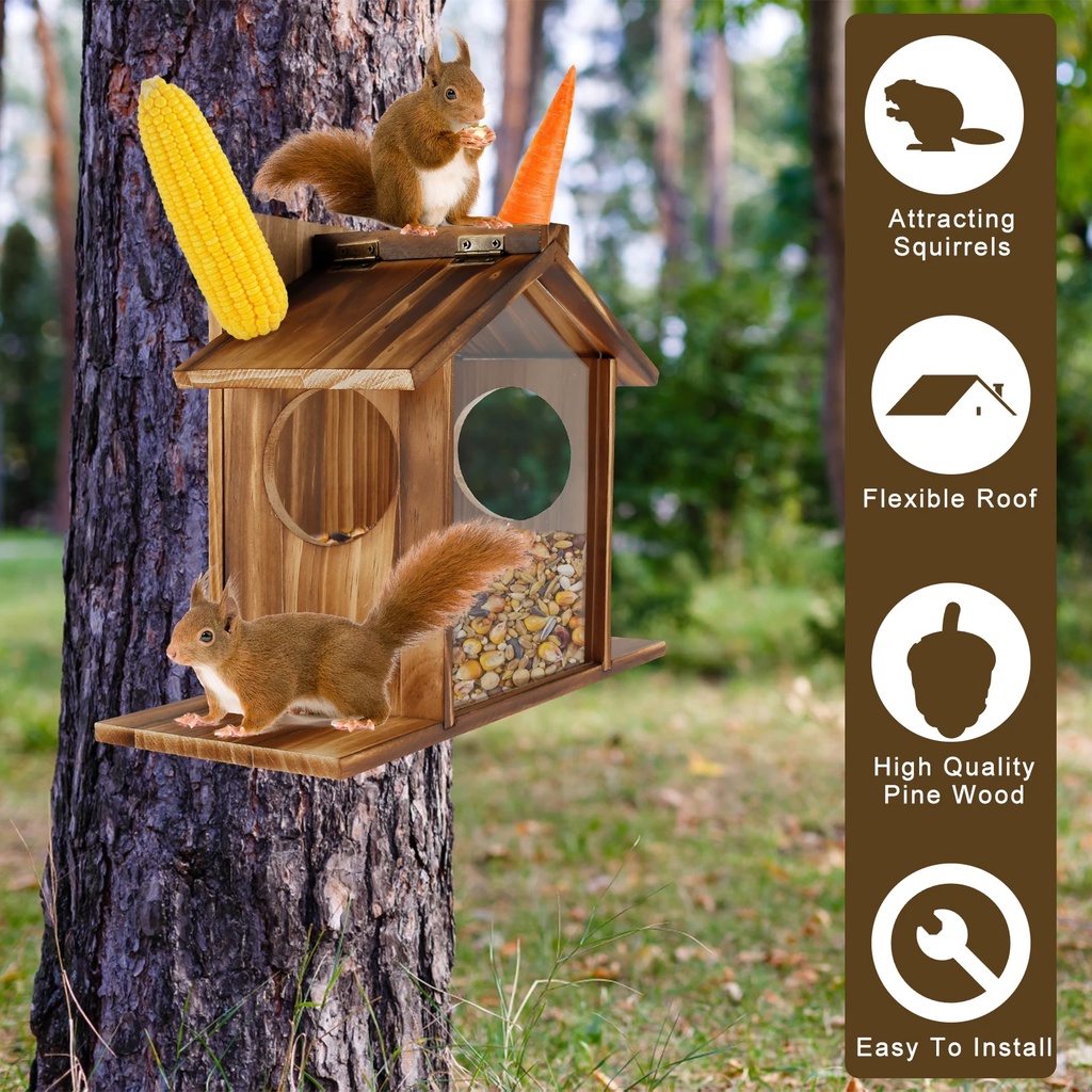 Wooden Squirrel Feeder Large Capacity Squirrel Feeder House with Roof Squirrel Feeding Stations