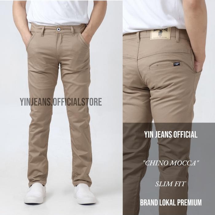 Lariss- Celana Bahan Chino Panjang Pria Coklat Tua Muda Gold SlimFit Melar Pensil Cowok Skini