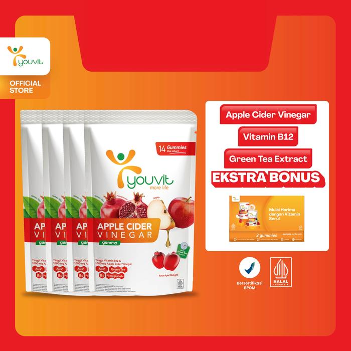 

Youvit Apple Cider Vinegar Gummy 28 Hari (4 Pouch) dengan Apel, Ekstrak Greentea, Vit B12 (Asam Cuka