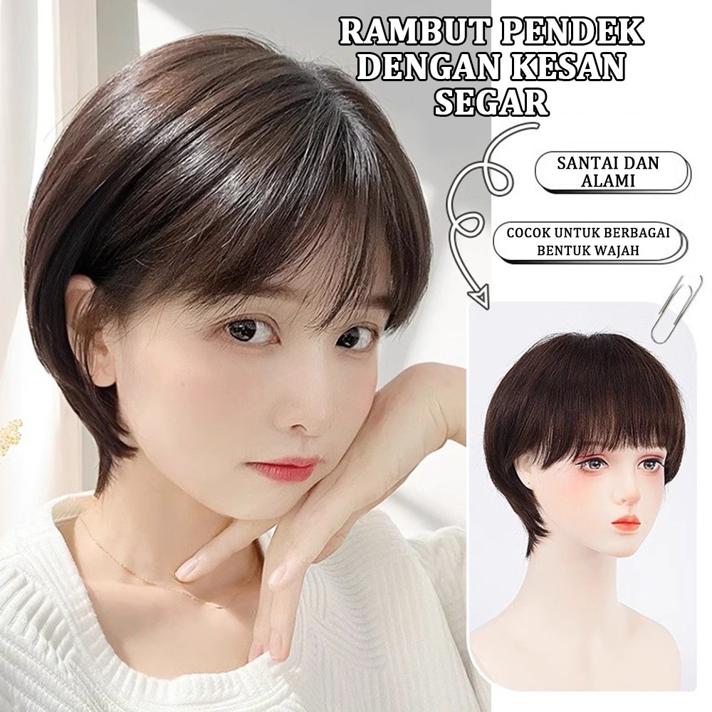 Wig Wanita Full Kepala/Wig Rambut Pendek/Wig Tanpa Poni Daily/Wig Korean Natural Wanita/Wig Rambut