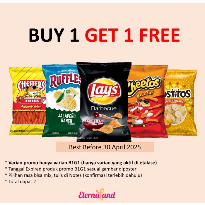 

Kuliner.Kita ( Item Snacks) Cheetos, Chester, Funyun, Ruffles - Sesuai Gambar